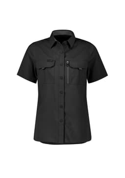 A black women's outdoor short sleeve shirt featuring a button-up front and multiple pockets, including a zippered one.