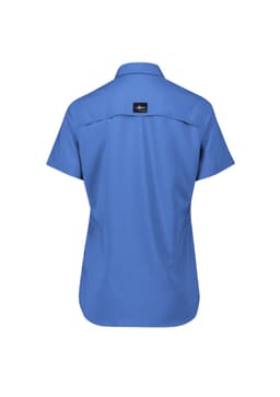 A short sleeve women's outdoor shirt in a light blue colour with a logo on the back.