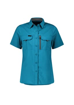 Teal short sleeve women's outdoor shirt with a collar and front pockets, featuring a logo.