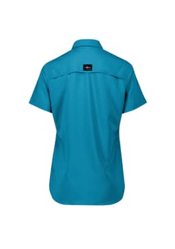 A turquoise short sleeve shirt with a collared design and a logo on the back.