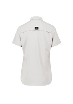A light grey women's outdoor short sleeve shirt featuring a back yoke and logo on the upper back.