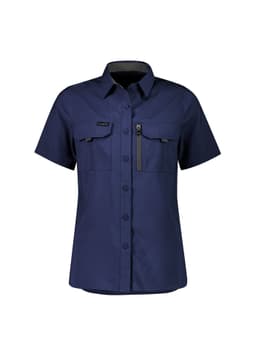 A women's short sleeve shirt in navy blue with two front pockets and a zipper pocket, featuring a logo.