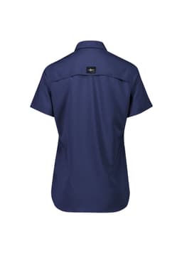 A women's outdoor short sleeve shirt in navy blue with a collar and a logo on the back.