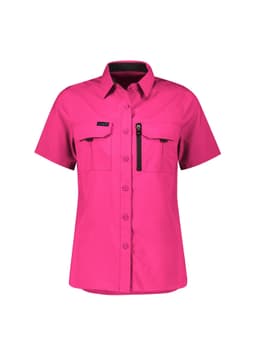 A pink short sleeve shirt with a button-up front and two chest pockets, featuring a zippered pocket and a logo.
