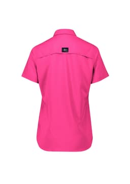 A short sleeve women's outdoor shirt in bright pink with a logo on the back.