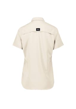 A short sleeve women's outdoor shirt in beige with a logo on the back.