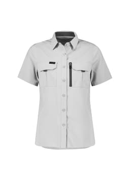 A light grey women's outdoor short sleeve shirt with two front pockets and a small zip pocket. It features a logo.