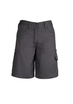 A pair of women's plain utility shorts in dark grey, featuring pockets and a branded label.