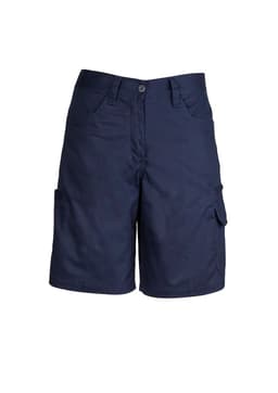 Navy blue women's utility shorts with multiple pockets and a logo on the waistband. Suitable for workwear.