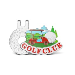 A soft enamel golf hat clip featuring a red golf cart, a golf ball, and green landscape designs. It has a logo.