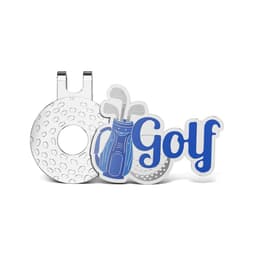 A hard enamel golf hat clip featuring a silver clip with a blue golf design and a golf bag graphic.