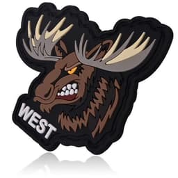 A custom 2D PVC patch featuring a fierce moose head design in brown, grey, and cream, with a black border and a logo.