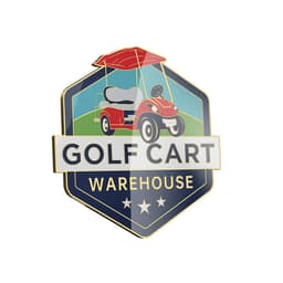 A hard enamel ball marker featuring a golf cart design with red and blue colours and a logo.