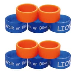 A set of silicone rings in blue and orange, stacked with text on some rings and featuring a logo.