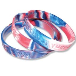 A set of three silicone wristbands in swirling red, blue, and white colours, featuring a logo.