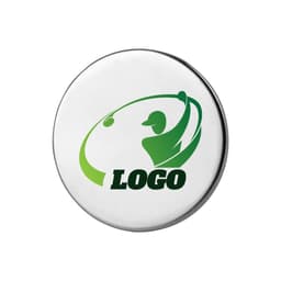 A round, silver ball marker featuring a green design of a golfer and a logo.
