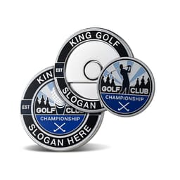 A set of three hard enamel poker chip ball markers in blue and silver featuring logos and designs related to golf.