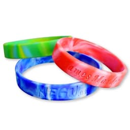 Three silicone wristbands in green, blue, and red swirl patterns, with one featuring a logo and text.