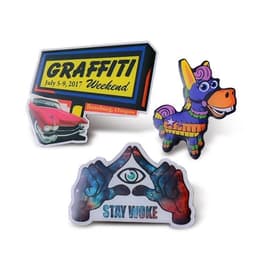 A collection of vibrant stickers, including a pink car, a colourful piñata, and a graphic with hands forming a pyramid.