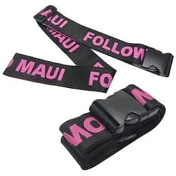 A black luggage strap with pink text and a plastic buckle, featuring a logo.