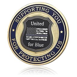 A round hard enamel coin featuring a badge design with a blue and gold colour scheme, including a logo.