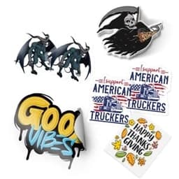 A collection of colourful static cling decals featuring various designs, including characters and texts, with a logo present.