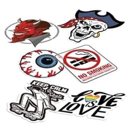 A variety of custom clear stickers featuring a devil, pirate skull, eyeball, no smoking sign, and "Love is Love" design.
