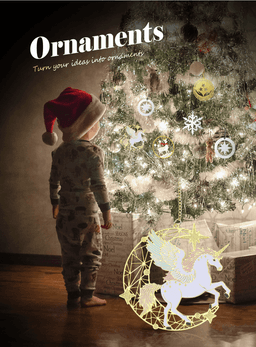 A gold etched ornament featuring a unicorn hangs on a Christmas tree, with a child in festive attire admiring it.