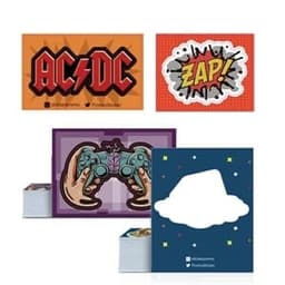 A collection of colourful kiss cut custom shaped stickers featuring designs like a gaming controller and comic-style text.