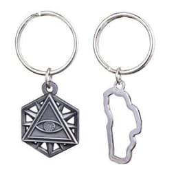 A die struck 2D key chain in silver featuring an intricate geometric design and an outline shape.