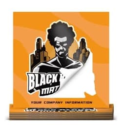 A custom-shaped sticker featuring a bold design with an illustration and a logo in black on an orange background.