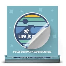 A custom-shaped sticker featuring a vibrant blue background, a circular design with stripes, waves, and a palm tree.