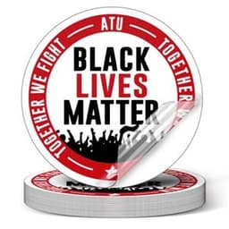 A circular clear sticker featuring a red and black design with a logo and text related to social activism.