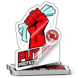 A stack of custom clear stickers featuring a red fist graphic, with a protective theme, and a glossy finish.