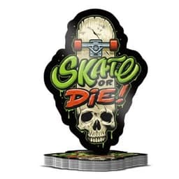 A custom shape die cut sticker featuring a skateboard, skull design with vibrant green and orange colours, and a logo.