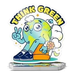 A die cut sticker featuring a cartoon Earth character in green tones, smiling and giving a peace sign, with flowers.