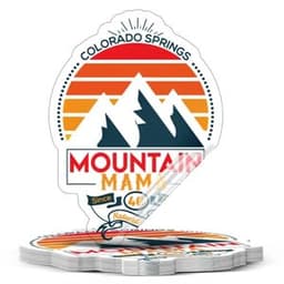 A stack of colourful custom removable window static cling decals featuring mountains and a sunset design.