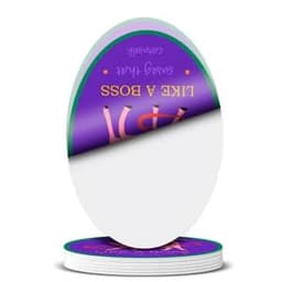 A stack of oval-shaped stickers in purple and green, featuring a logo and an adhesive backing.
