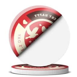 A round adhesive sticker with a red and white design, featuring a logo and a partially peeled edge.