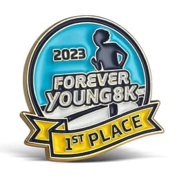 A brass soft enamel lapel pin featuring blue, yellow, and white colours, with a logo and "1st Place" inscription.