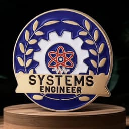 A brass lapel pin featuring a blue and white design with a gear and atom symbol, labelled "SYSTEMS ENGINEER."