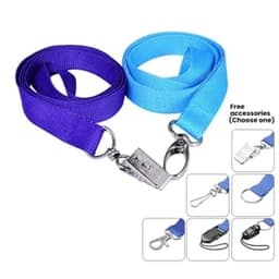 A purple and light blue lanyard with metal clips, featuring a logo and optional accessories.