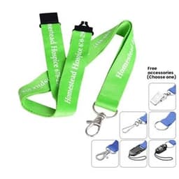 A green polyester lanyard featuring a clip and one branding logo, with various accessory options shown.