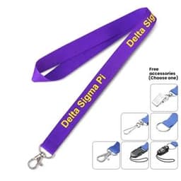 A purple imprinted polyester lanyard featuring a logo and a metal clip for attachment.