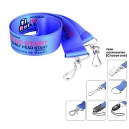 A blue dye sublimated lanyard with silver clips and a logo, featuring a smooth finish.