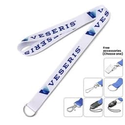 A white dye sublimated lanyard featuring a logo, with various accessory options displayed alongside.