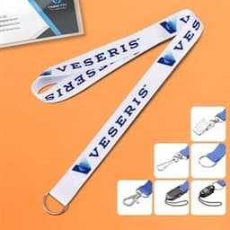 A white dye sublimated lanyard featuring a logo, with multiple attachment options shown below.