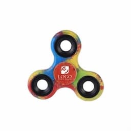 A colourful hand finger spinner with a tie-dye pattern and three black spinning areas. It features a logo in the centre.
