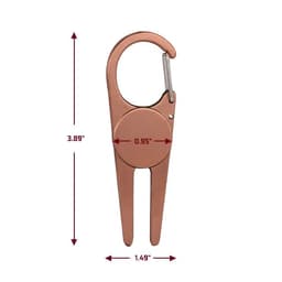 A copper-coloured golf divot tool with a carabiner clip and two prongs for fixing divots.