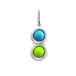 A keychain fidget toy featuring two push pop bubbles, one blue and one green, in a white casing with a logo.
